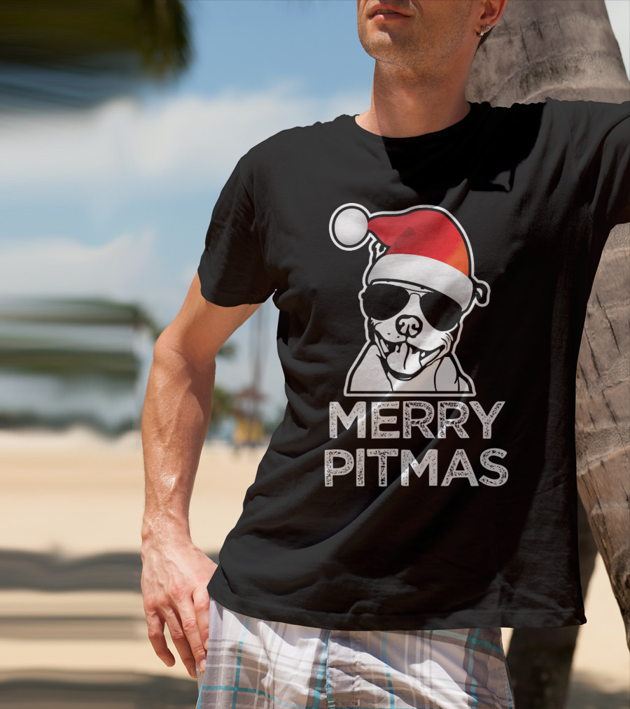 Merry Pitmas Funny Christmas Pitbull With Santa Hat And Sunglasses T-Shirt