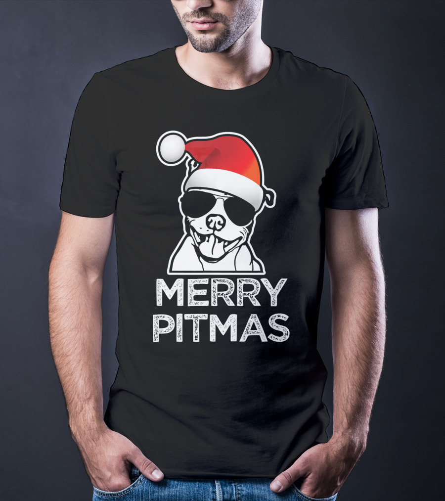 Merry Pitmas Funny Christmas Pitbull With Santa Hat And Sunglasses T-Shirt