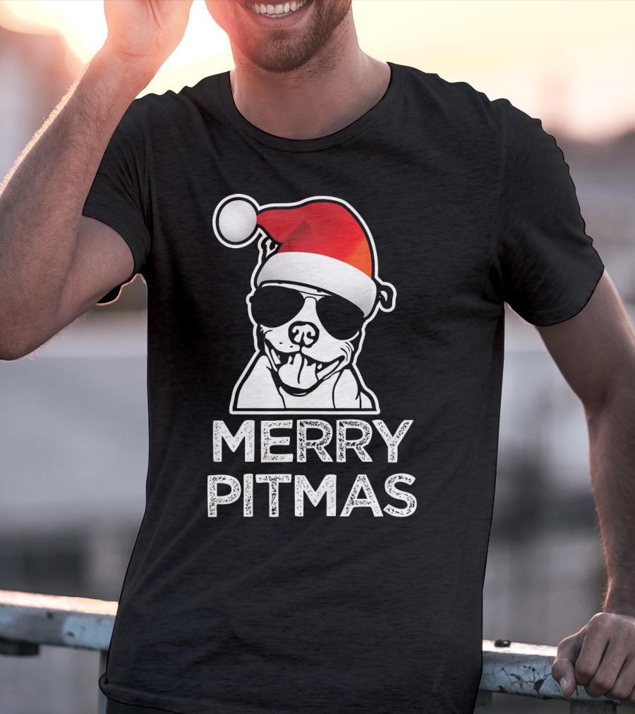 Merry Pitmas Funny Christmas Pitbull With Santa Hat And Sunglasses T-Shirt