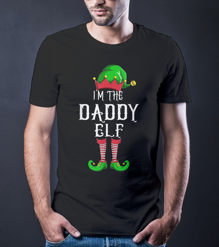 I'm The Daddy Elf Christmas Costume Green Hat Red White Striped Socks T-Shirt