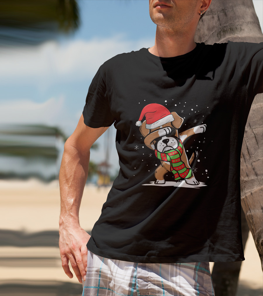 Santa Hat Dabbing Boxer With Christmas Scarf T-Shirt