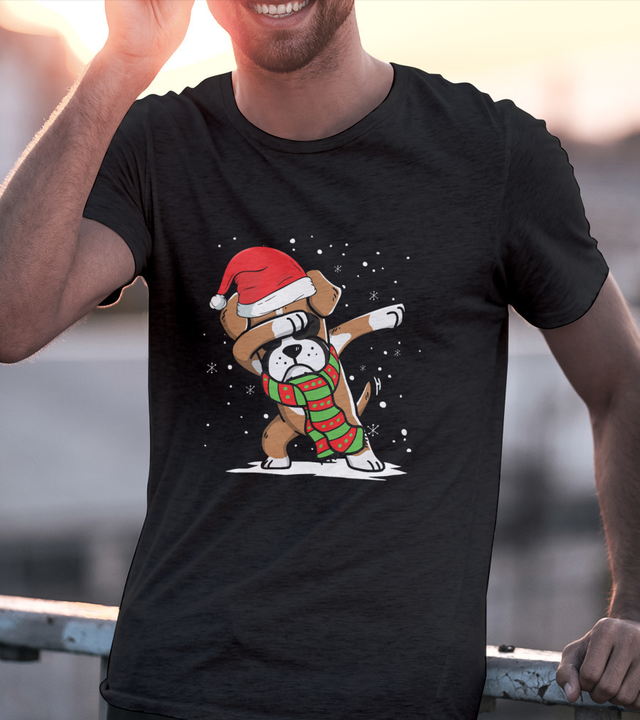 Santa Hat Dabbing Boxer With Christmas Scarf T-Shirt