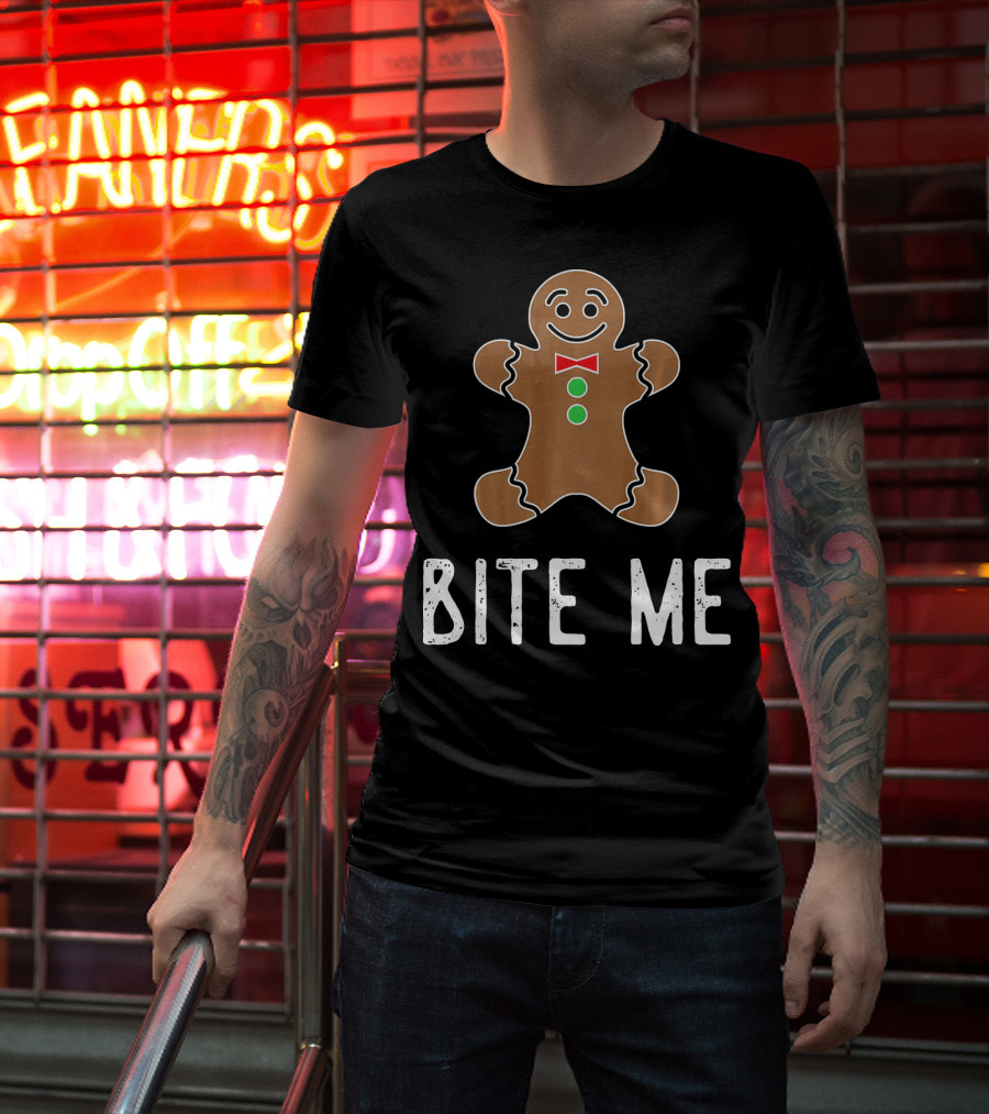 Bite Me Gingerbread Cookie Red Bow Tie Green Buttons T-Shirt