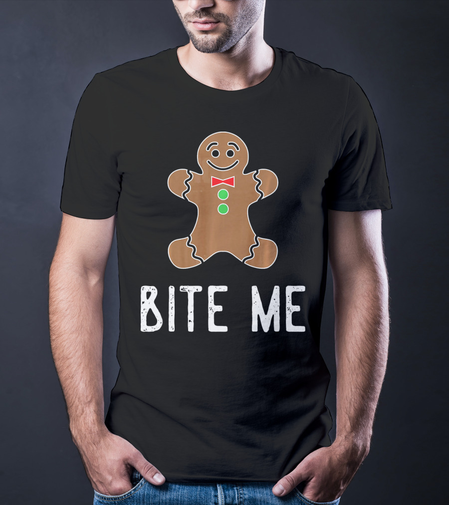 Bite Me Gingerbread Cookie Red Bow Tie Green Buttons T-Shirt