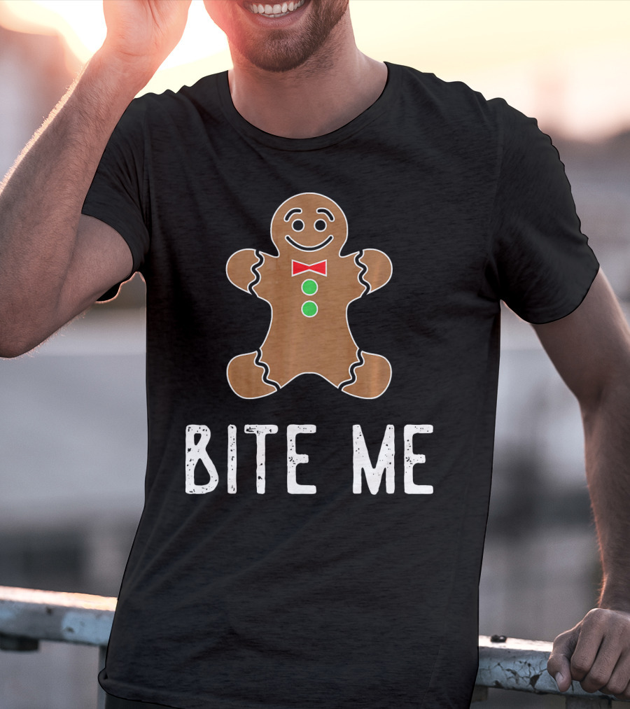Bite Me Gingerbread Cookie Red Bow Tie Green Buttons T-Shirt