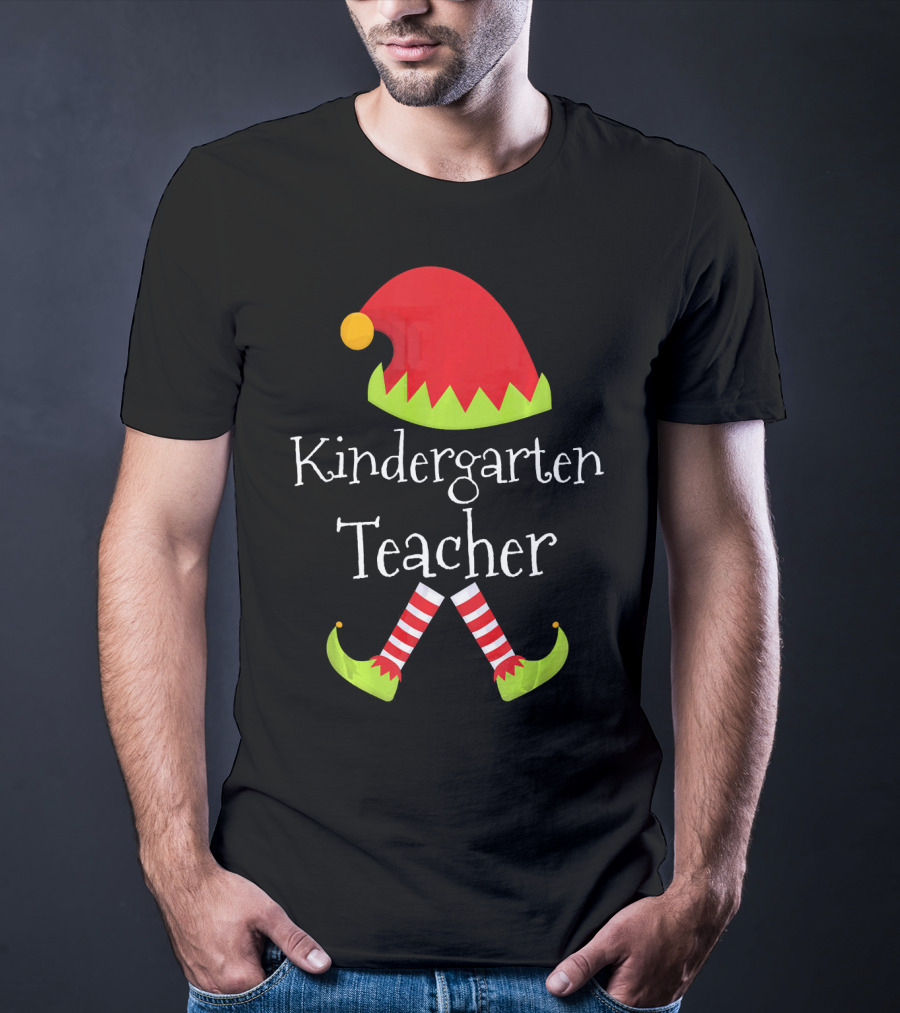 Kindergarten Teacher Christmas Elf Hat And Shoes Matching T-Shirt