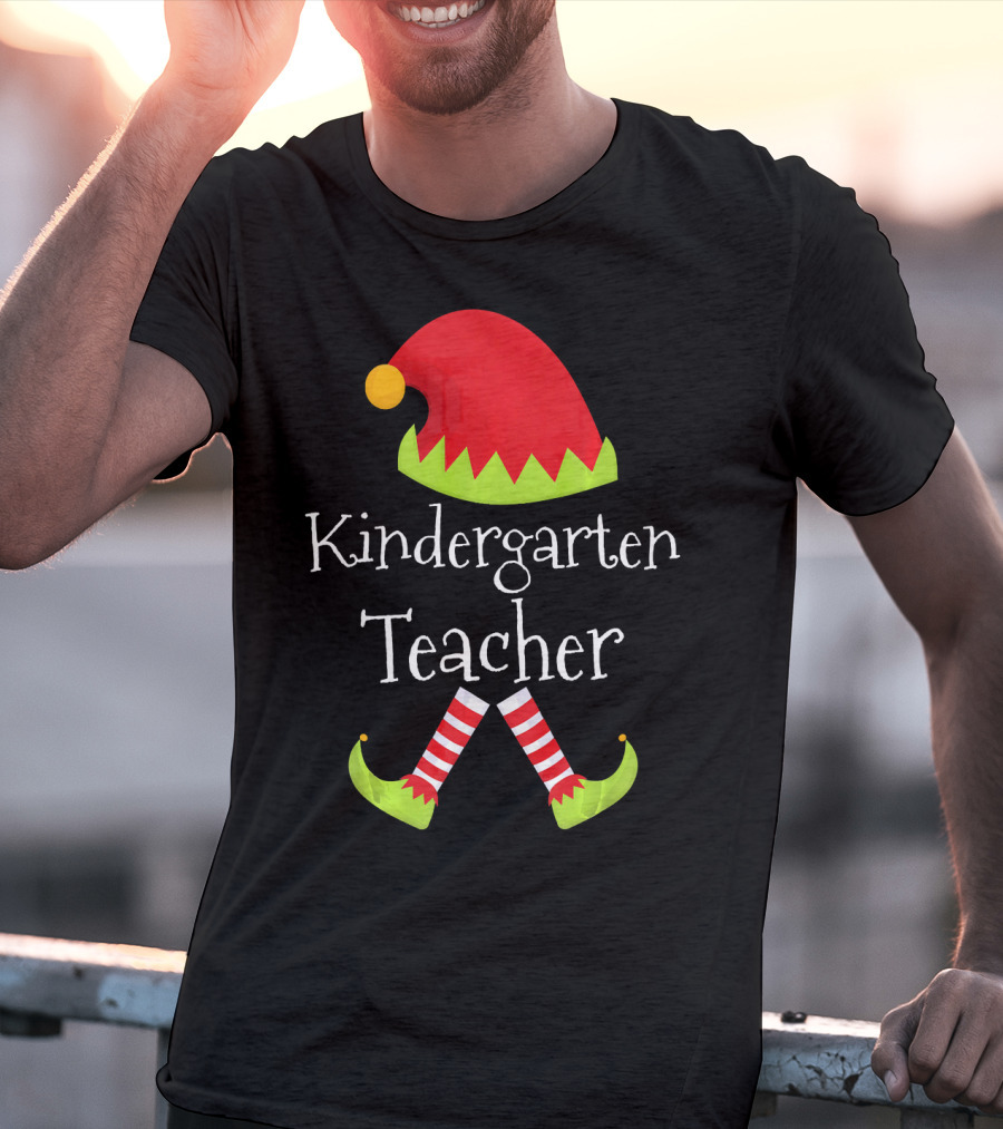 Kindergarten Teacher Christmas Elf Hat And Shoes Matching T-Shirt