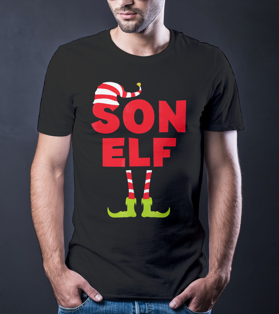 Son Elf Matching Christmas Costume Striped Hat And Socks T-Shirt