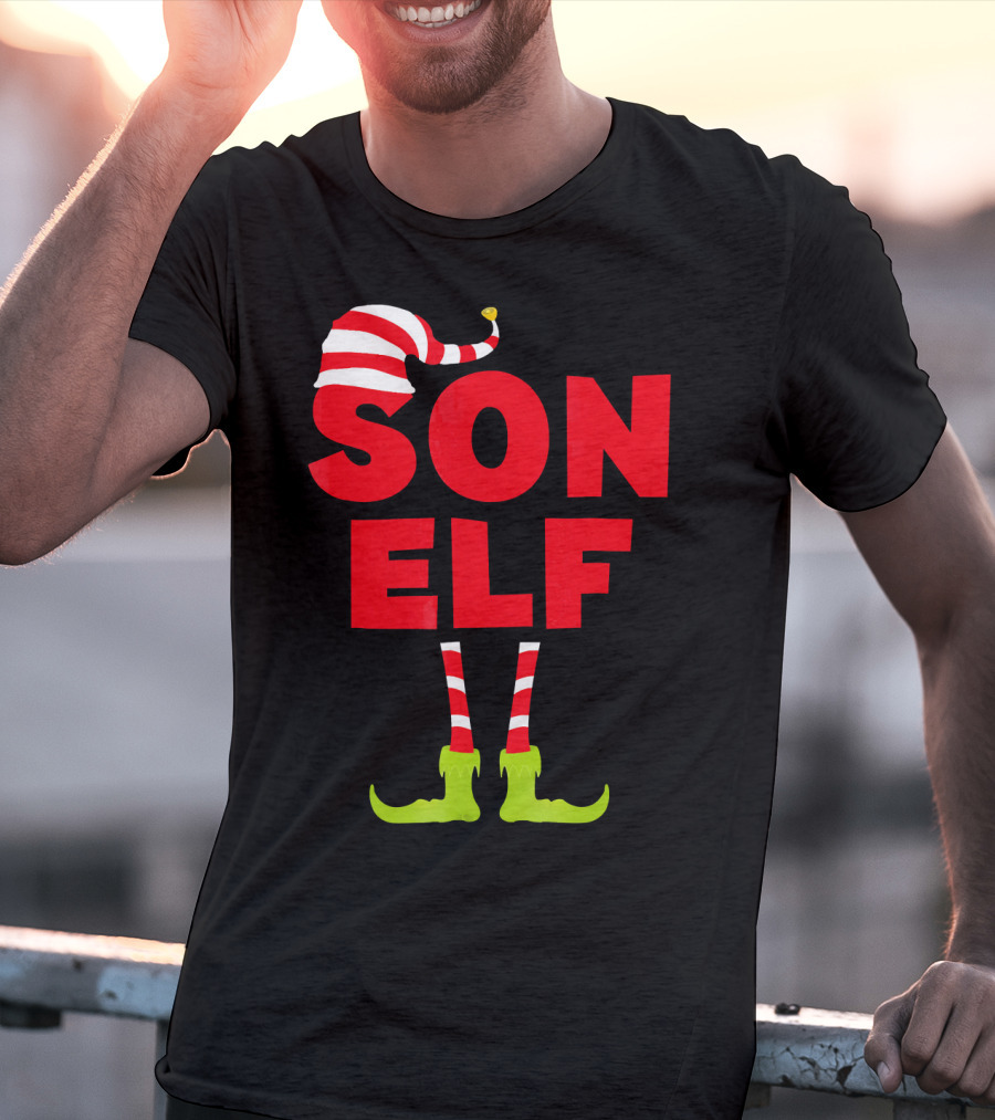 Son Elf Matching Christmas Costume Striped Hat And Socks T-Shirt