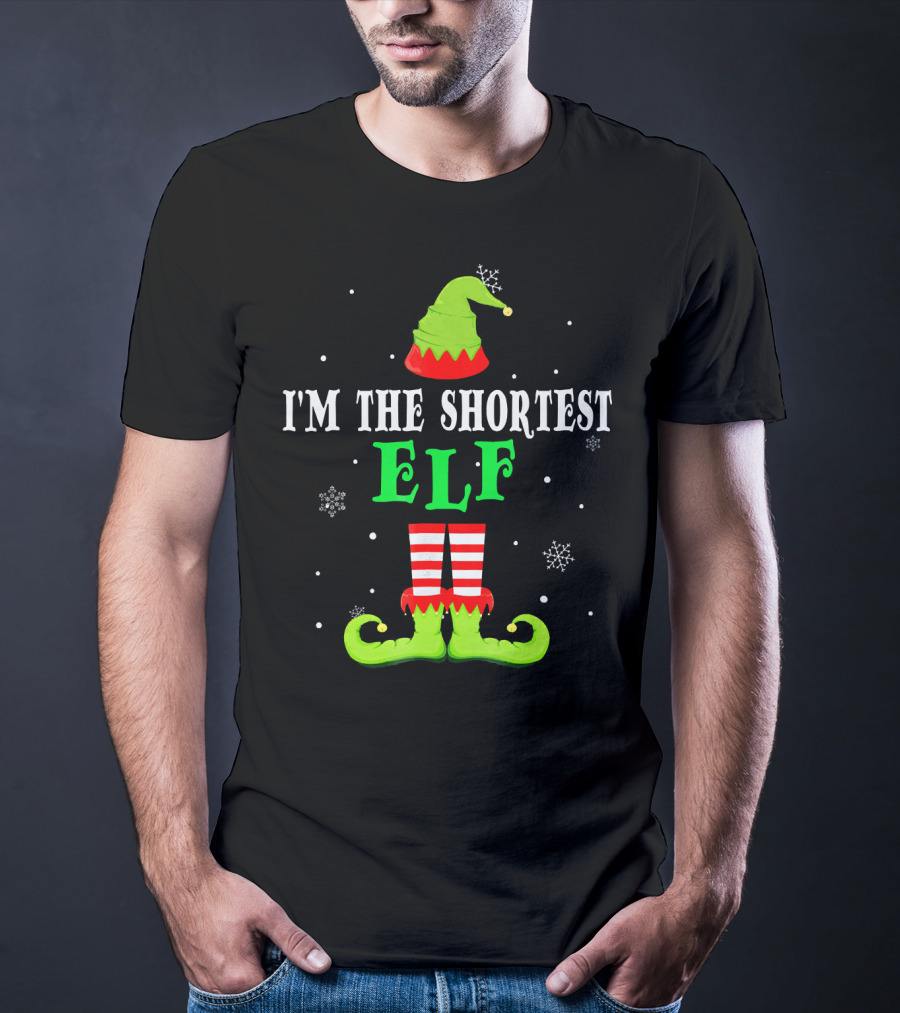 I'm The Shortest Elf Festive Holiday Design Snowflakes Green Hat Red Striped Legs T-Shirt