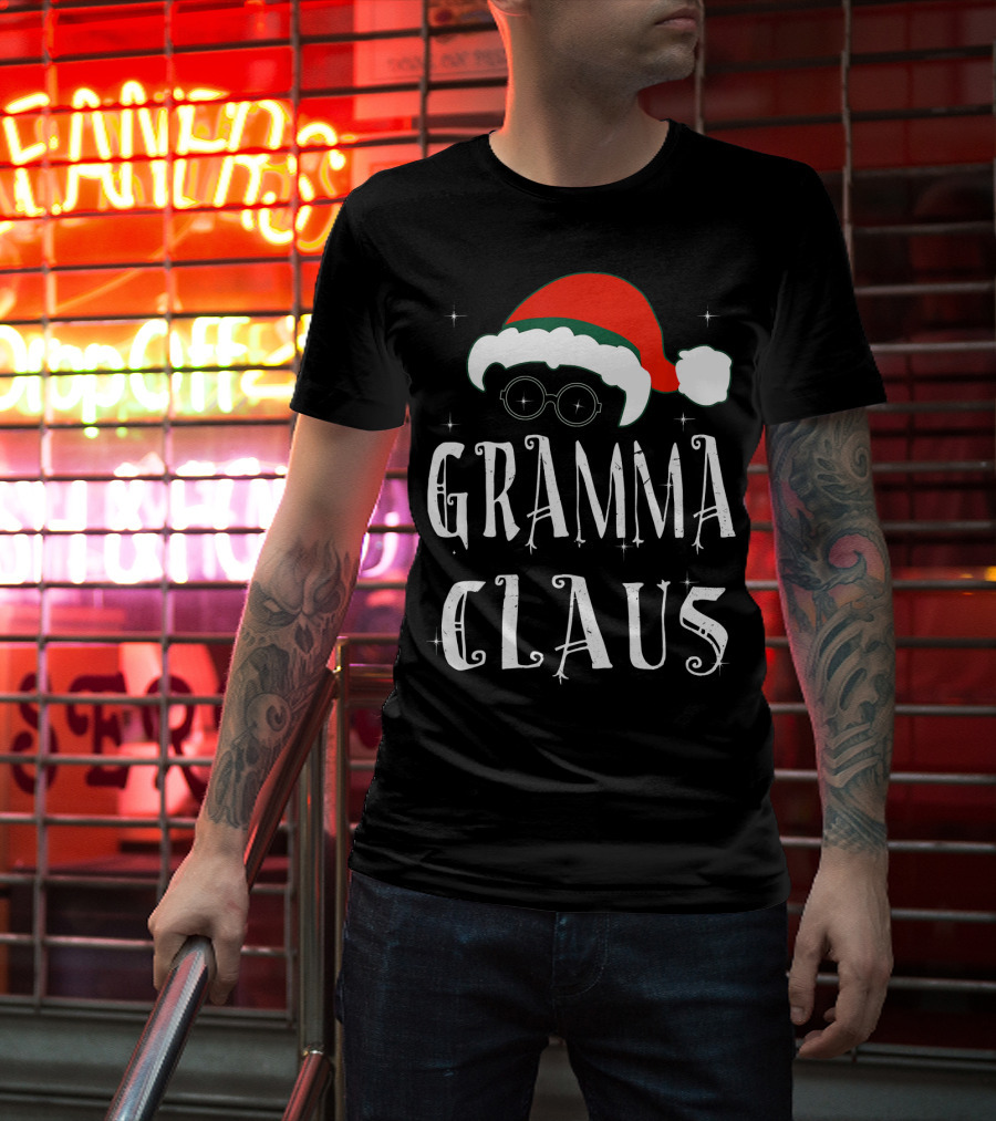 Gramma Claus Matching Family Group Christmas Holiday Santa Hat Glasses T-Shirt