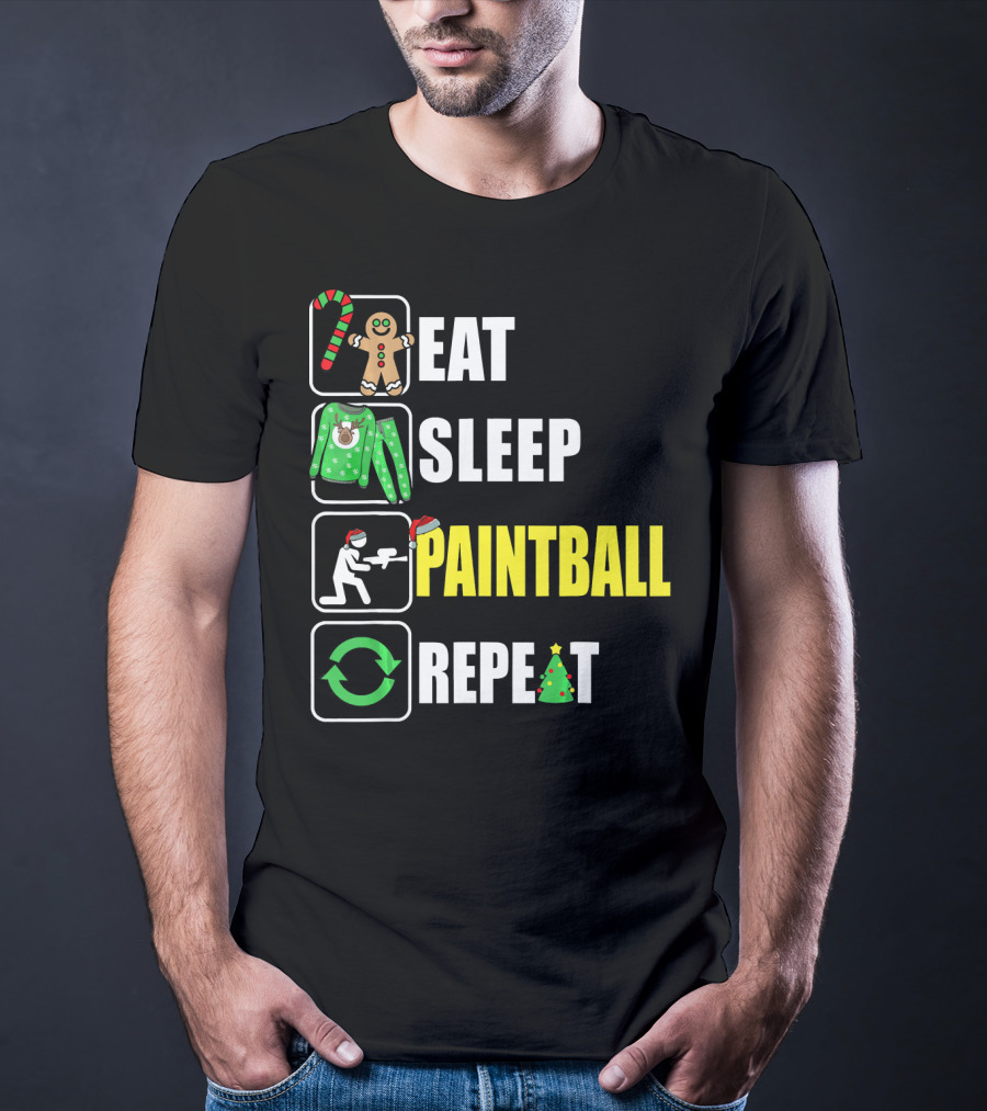 Eat Sleep Paintball Repeat Christmas Candy Cane Gingerbread Ugly Sweater Santa Hat Tree T-Shirt