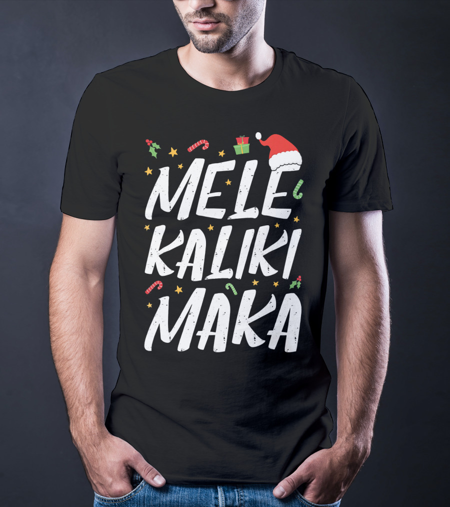 Mele Kalikimaka Christmas Hawaii Santa Hat Candy Canes Holly Presents T-Shirt