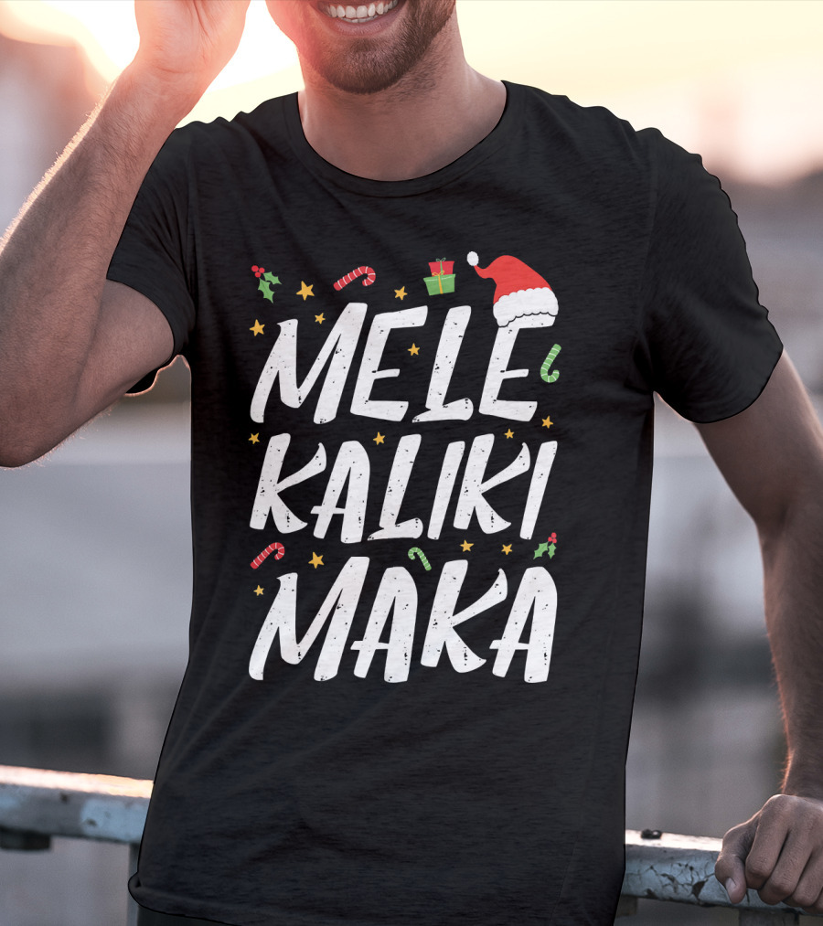 Mele Kalikimaka Christmas Hawaii Santa Hat Candy Canes Holly Presents T-Shirt
