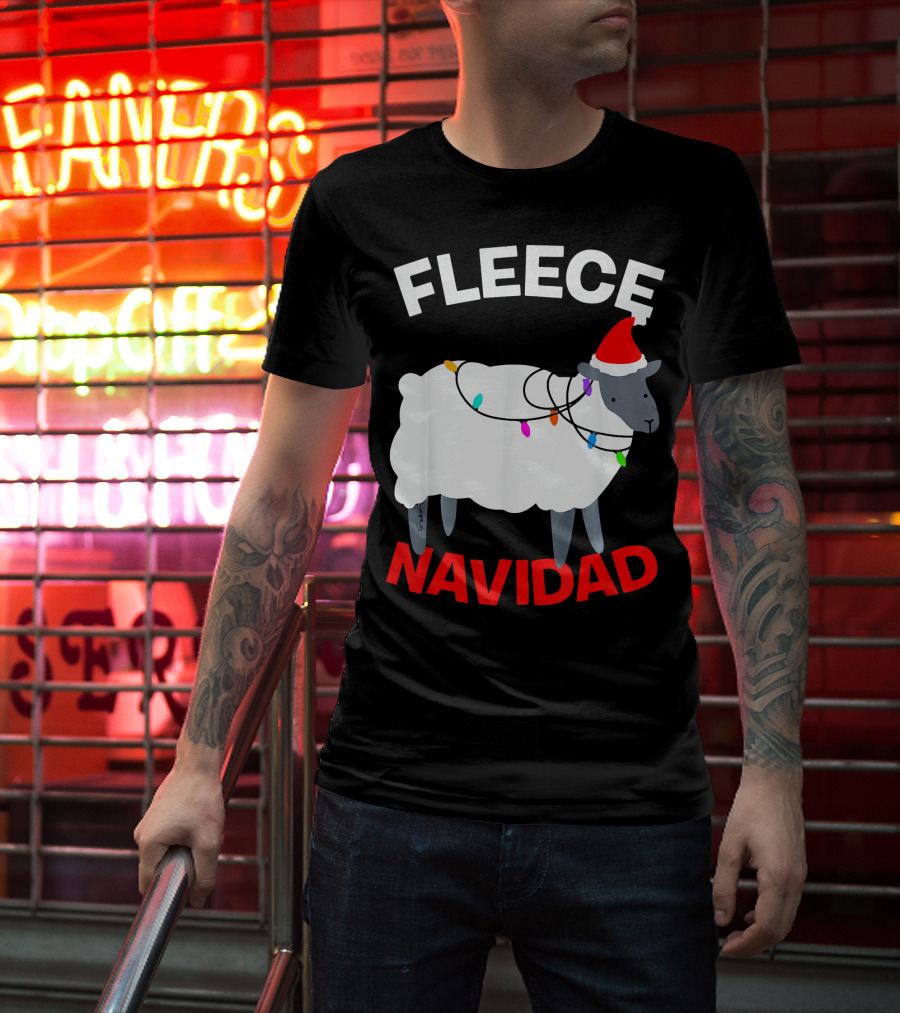 Fleece Navidad Funny Christmas Sheep Santa Hat Lights T-Shirt