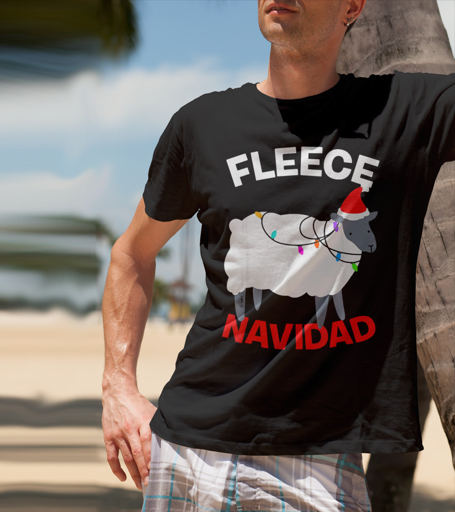 Fleece Navidad Funny Christmas Sheep Santa Hat Lights T-Shirt