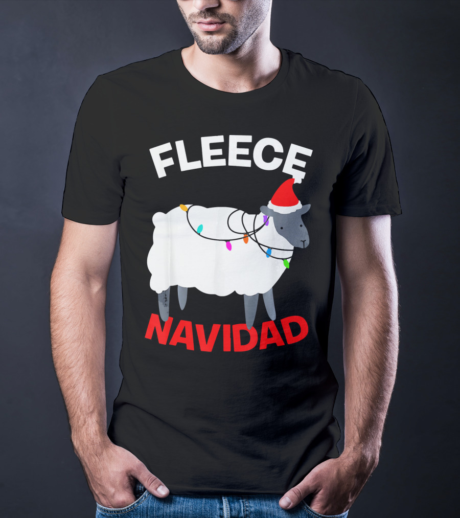 Fleece Navidad Funny Christmas Sheep Santa Hat Lights T-Shirt