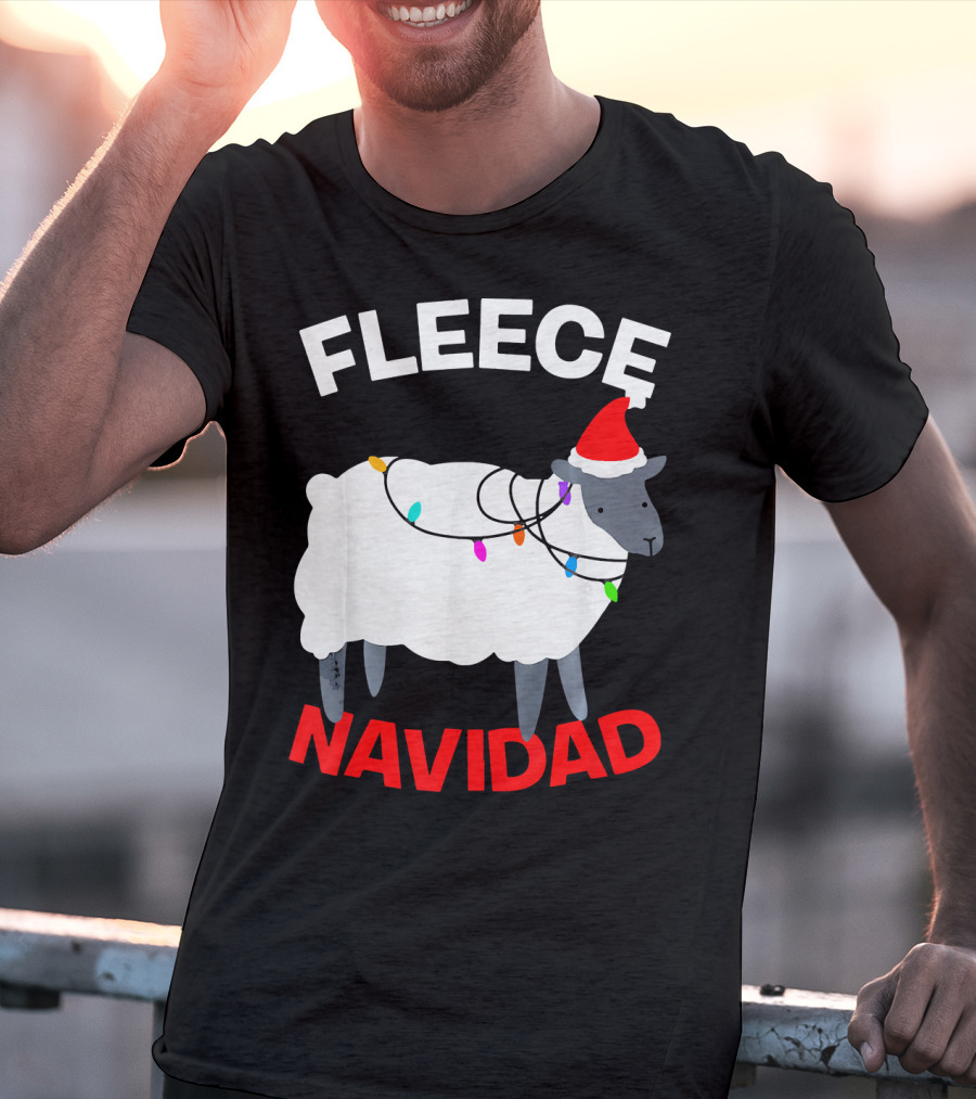 Fleece Navidad Funny Christmas Sheep Santa Hat Lights T-Shirt