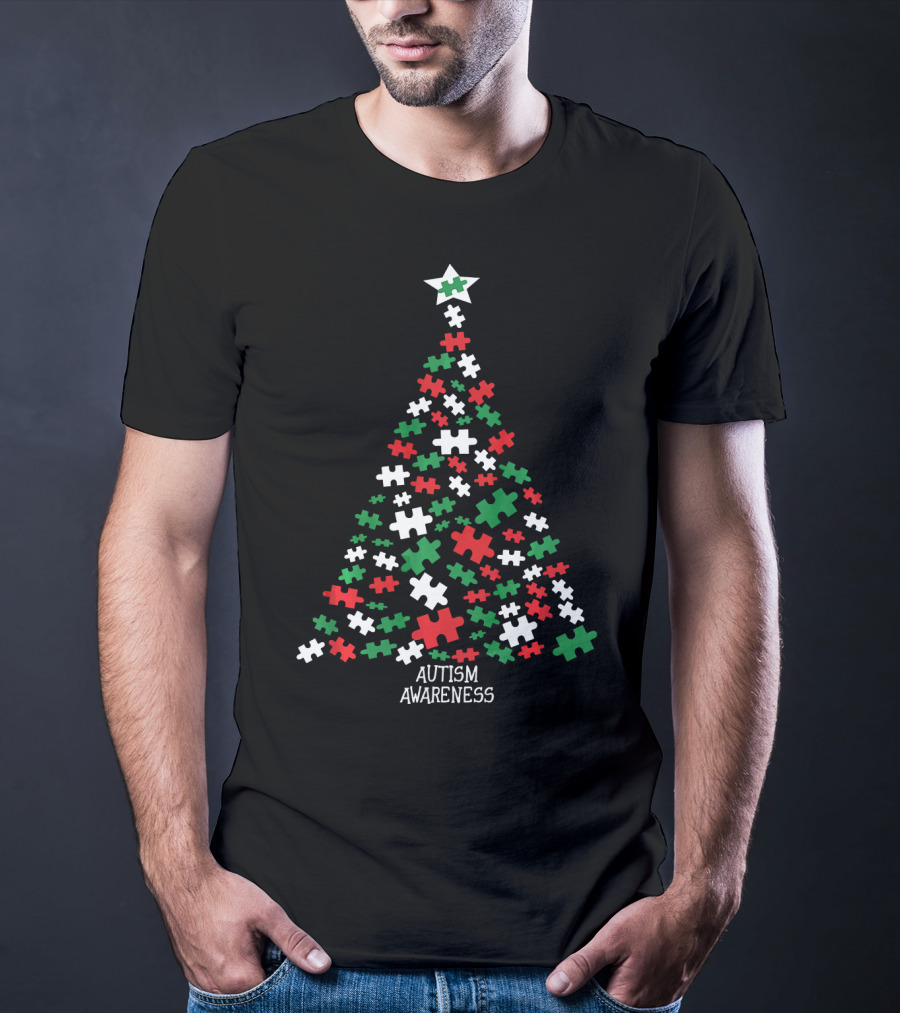 Christmas Autism Awareness Puzzle Piece Tree T-Shirt