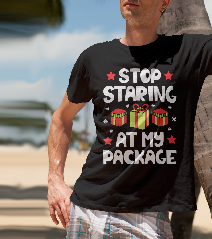 Stop Staring At My Package Christmas Gift Box Design With Stars And Snowflakes T-Shirt
