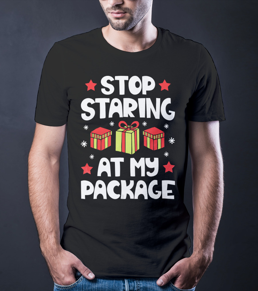 Stop Staring At My Package Christmas Gift Box Design With Stars And Snowflakes T-Shirt