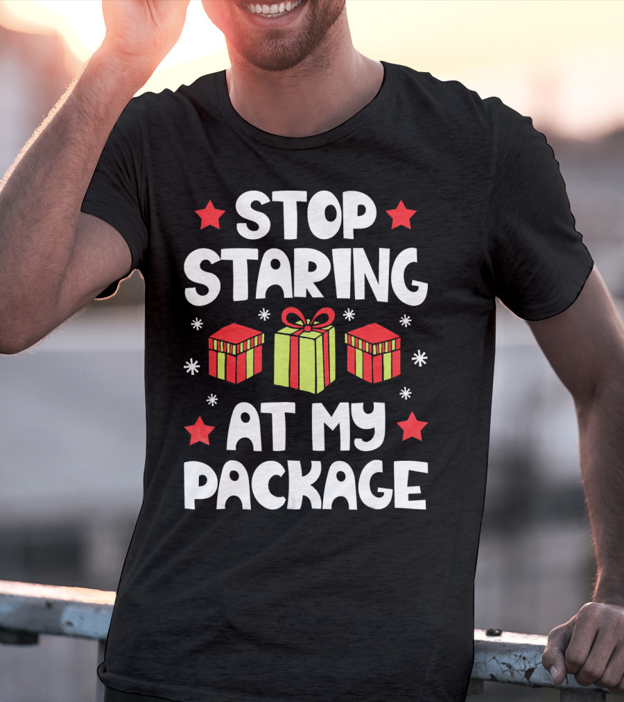 Stop Staring At My Package Christmas Gift Box Design With Stars And Snowflakes T-Shirt