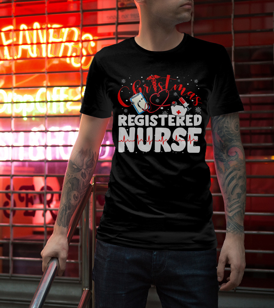 Christmas Registered Nurse With Medical Icons And Heartbeat T-Shirt