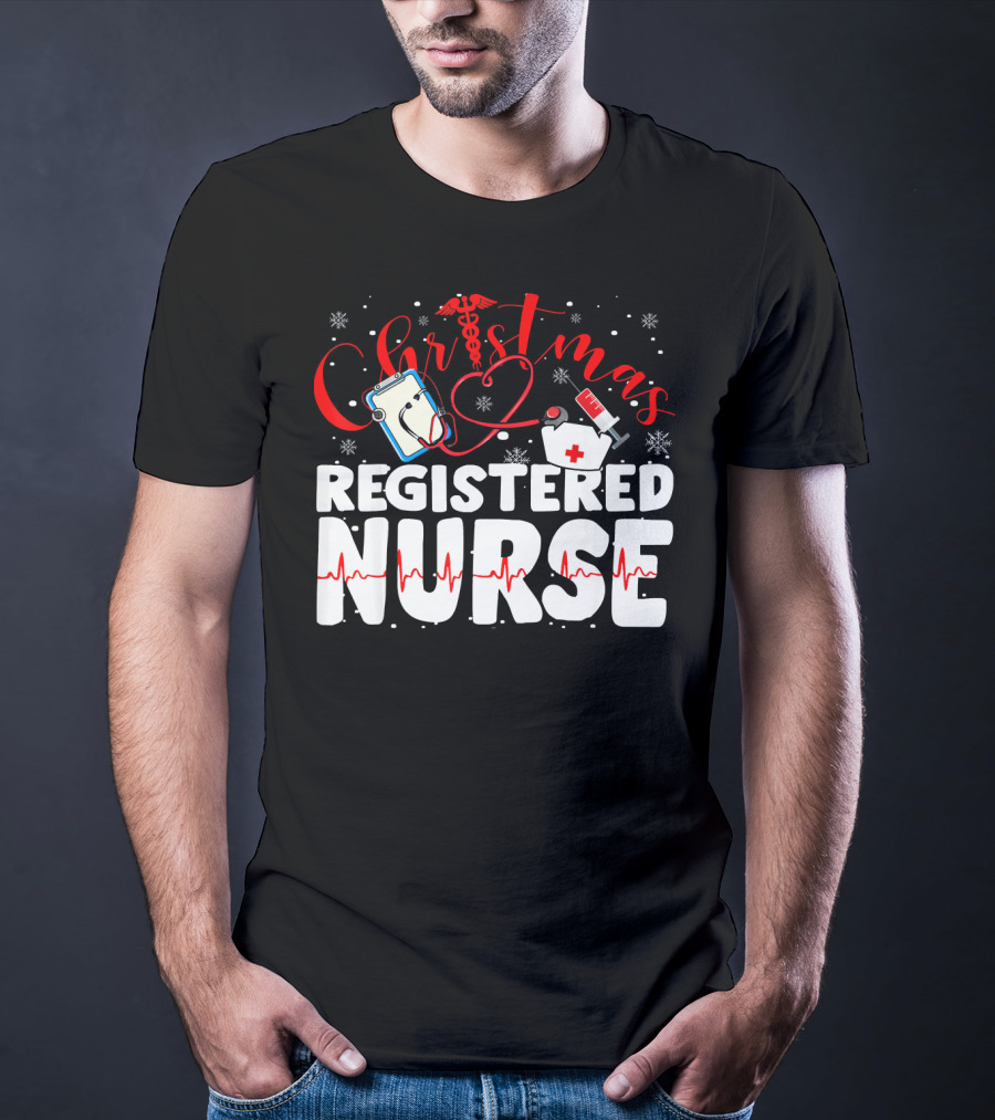 Christmas Registered Nurse With Medical Icons And Heartbeat T-Shirt