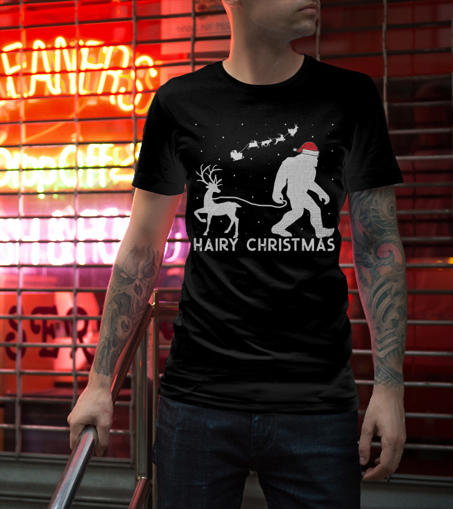Hairy Christmas Bigfoot Santa Reindeer Snow Scene T-Shirt