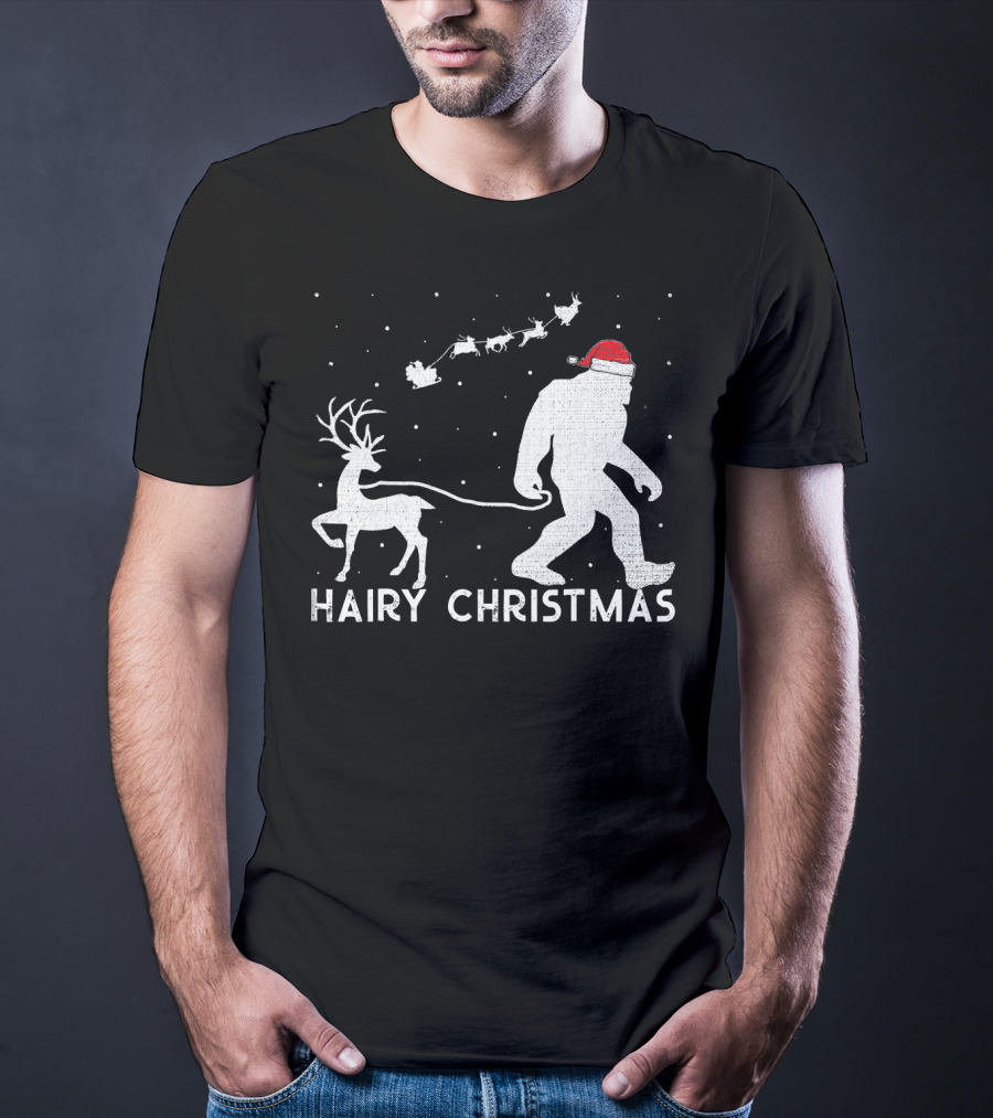Hairy Christmas Bigfoot Santa Reindeer Snow Scene T-Shirt
