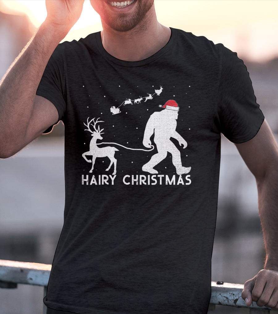 Hairy Christmas Bigfoot Santa Reindeer Snow Scene T-Shirt