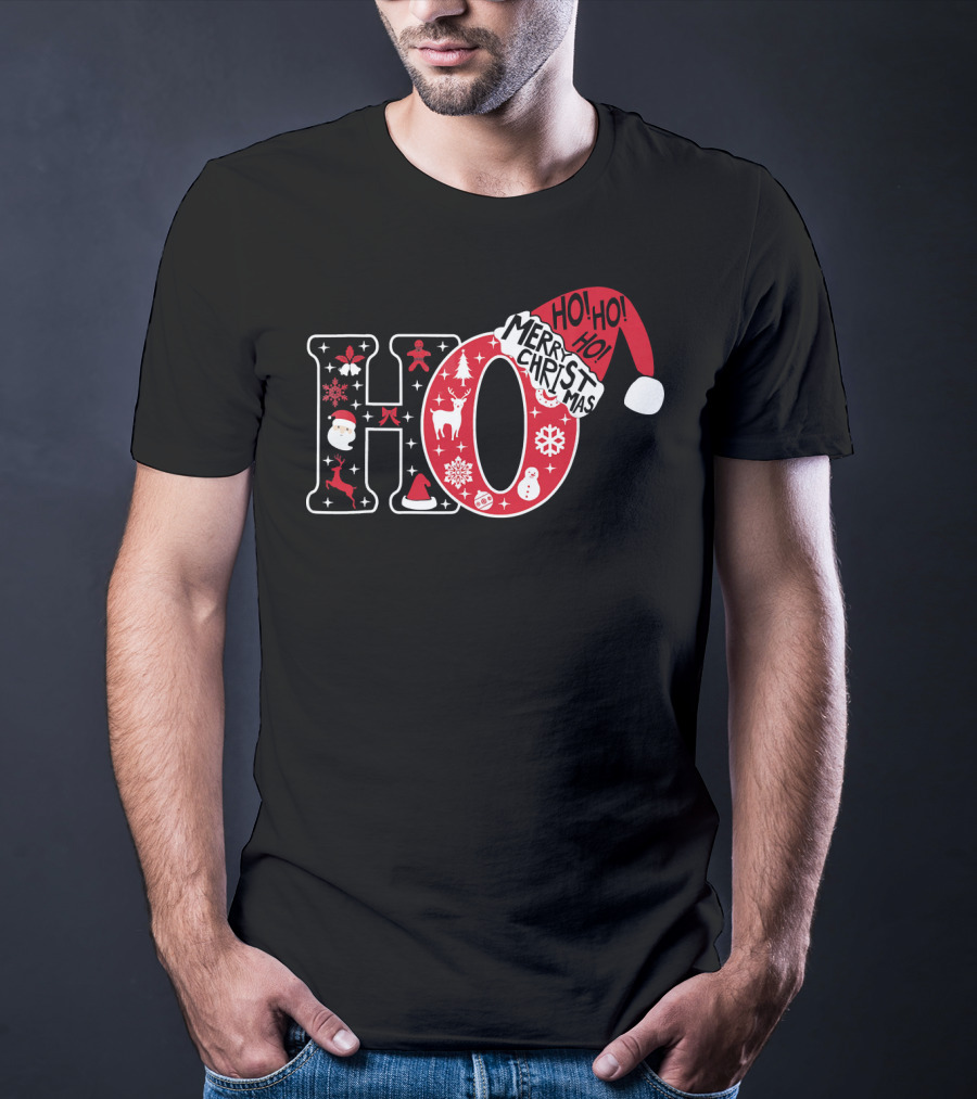 HO HO HO Merry Christmas Santa Hat Snowflakes T-Shirt