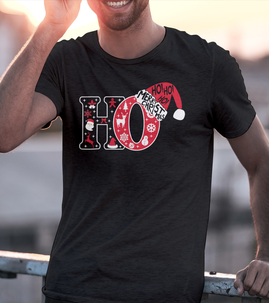 HO HO HO Merry Christmas Santa Hat Snowflakes T-Shirt