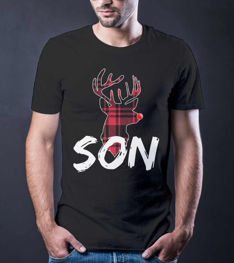 Son Family Matching Christmas Red Plaid Reindeer T-Shirt