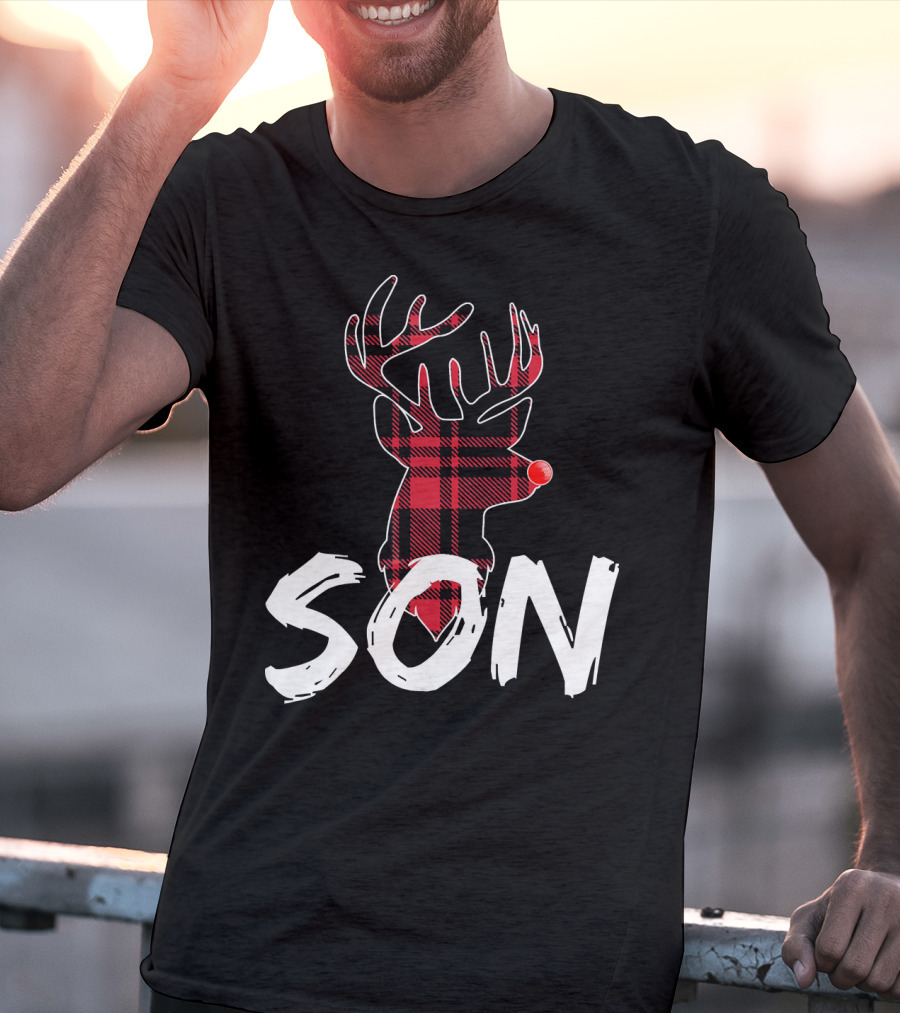 Son Family Matching Christmas Red Plaid Reindeer T-Shirt