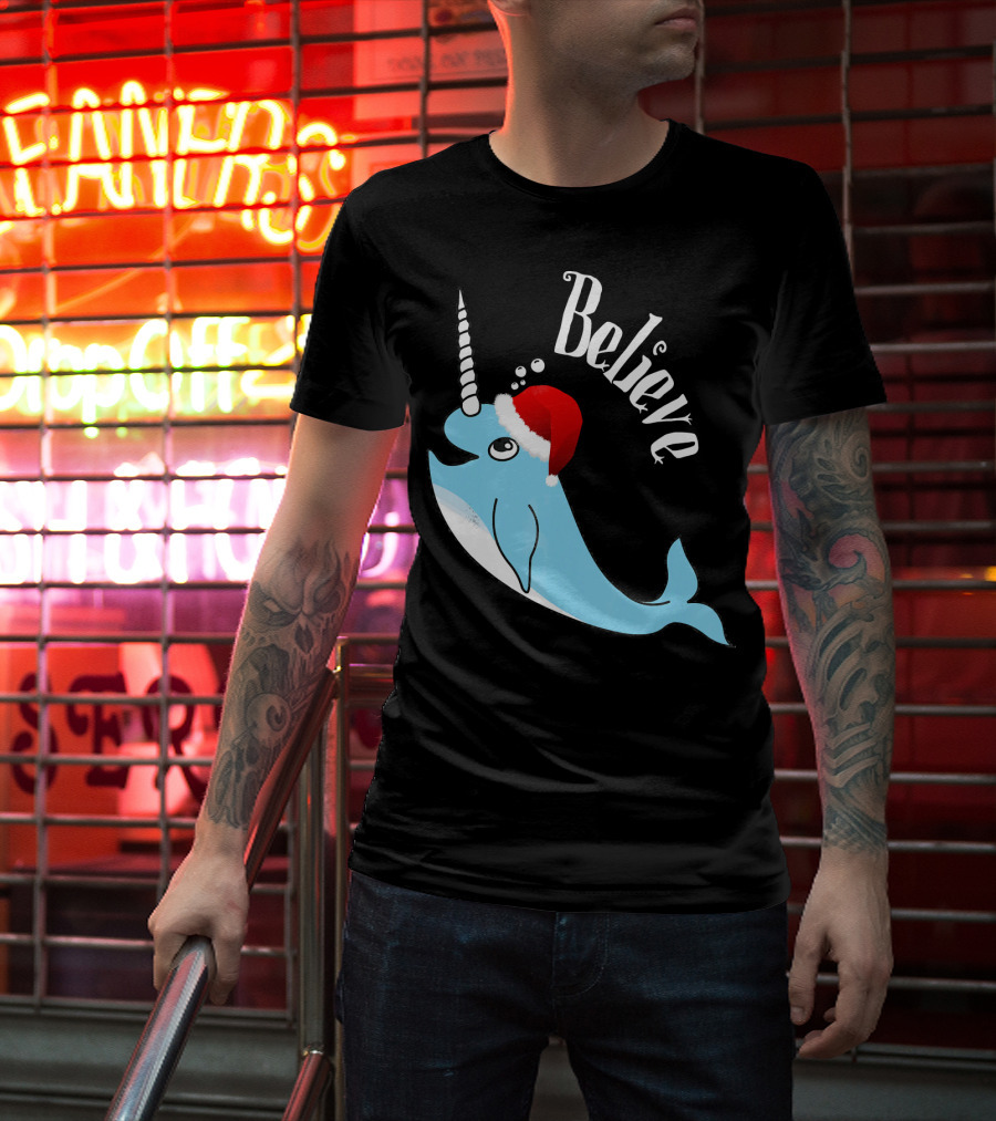 Believe Narwhal Christmas Cute Unicorn Santa Hat T-Shirt