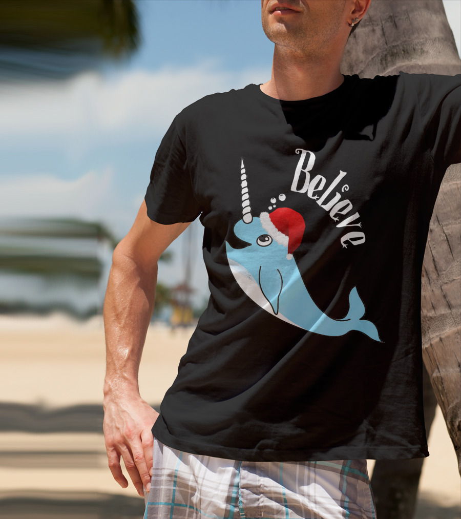 Believe Narwhal Christmas Cute Unicorn Santa Hat T-Shirt