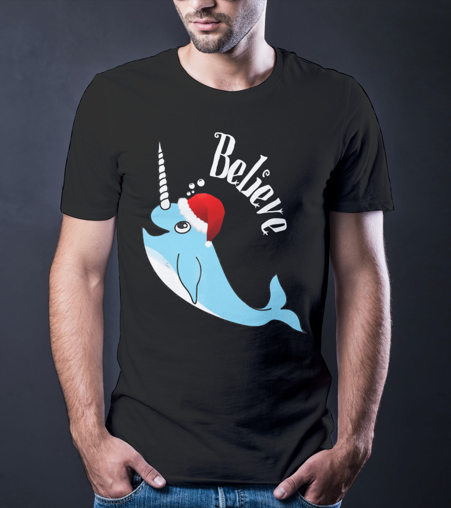 Believe Narwhal Christmas Cute Unicorn Santa Hat T-Shirt