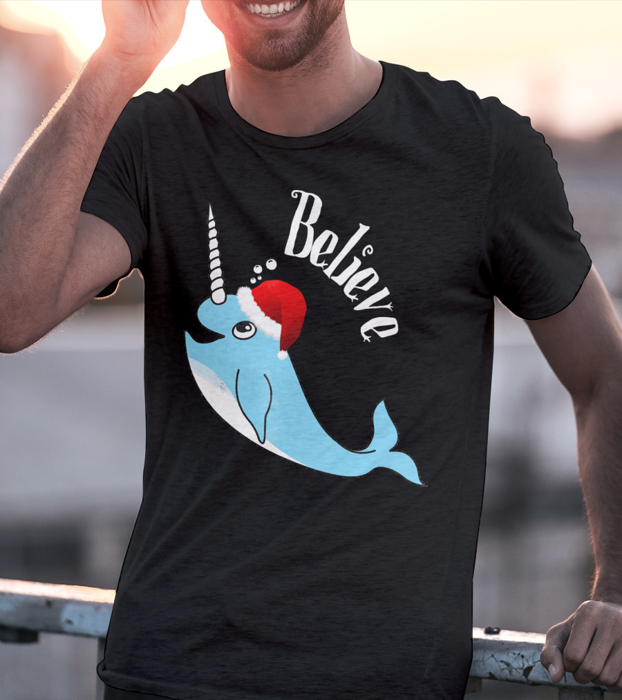 Believe Narwhal Christmas Cute Unicorn Santa Hat T-Shirt
