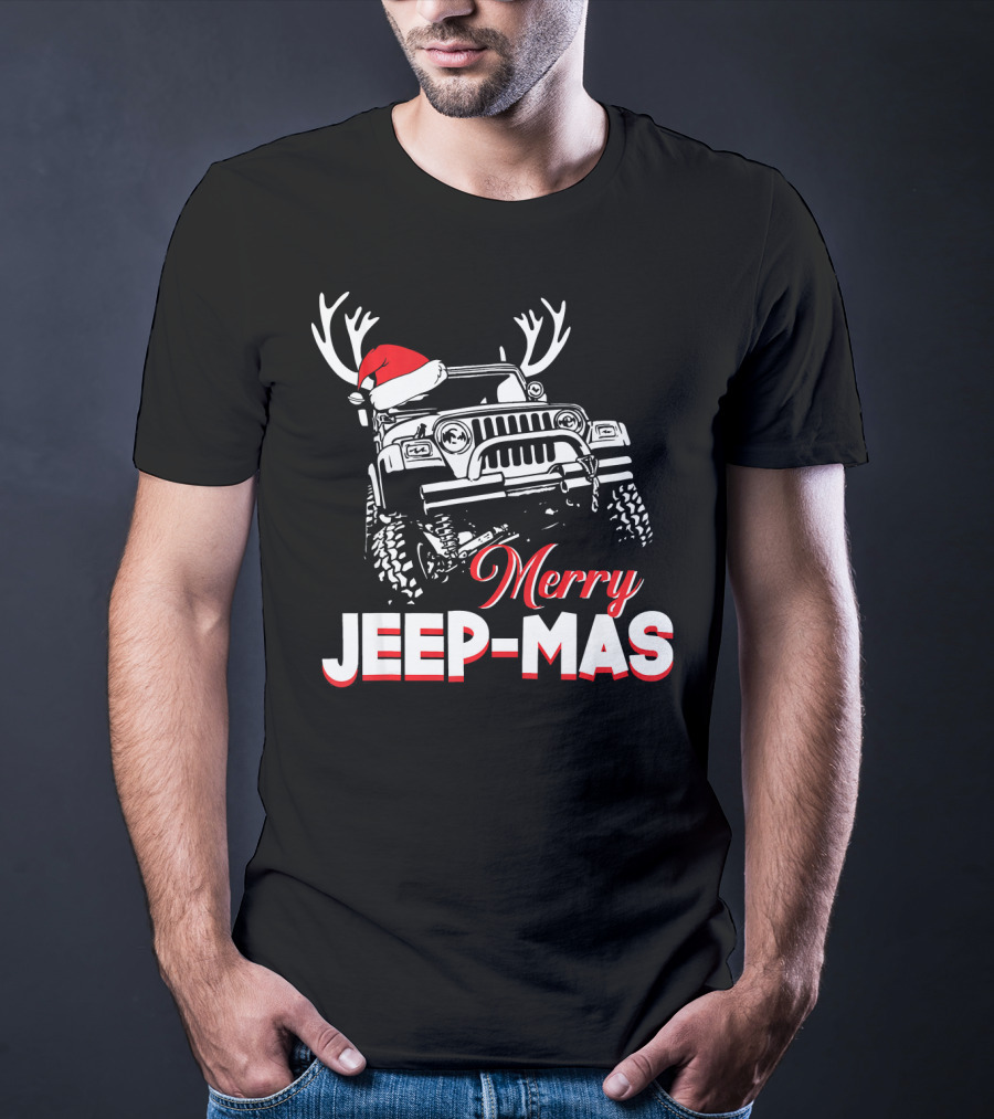 Merry Jeep-Mas Funny Jeep With Santa Hat And Reindeer Antlers T-Shirt