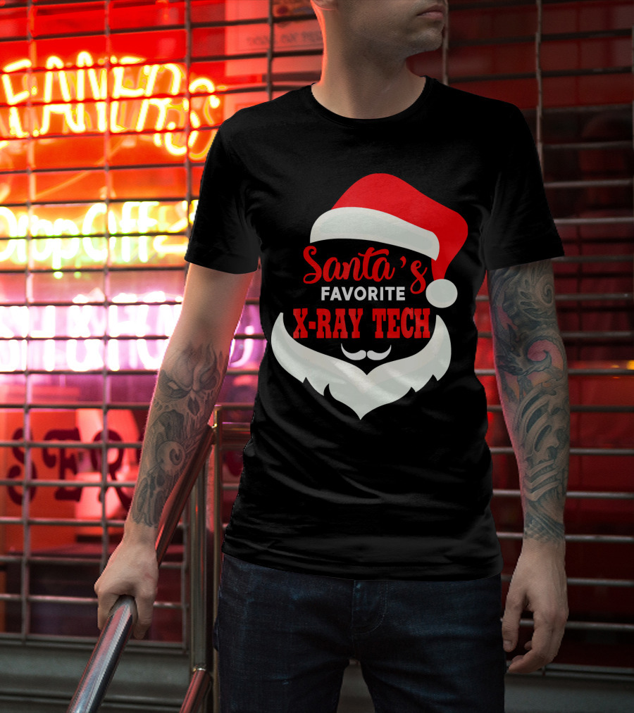 Santa's Favorite X-Ray Tech Christmas Santa Hat And Beard T-Shirt