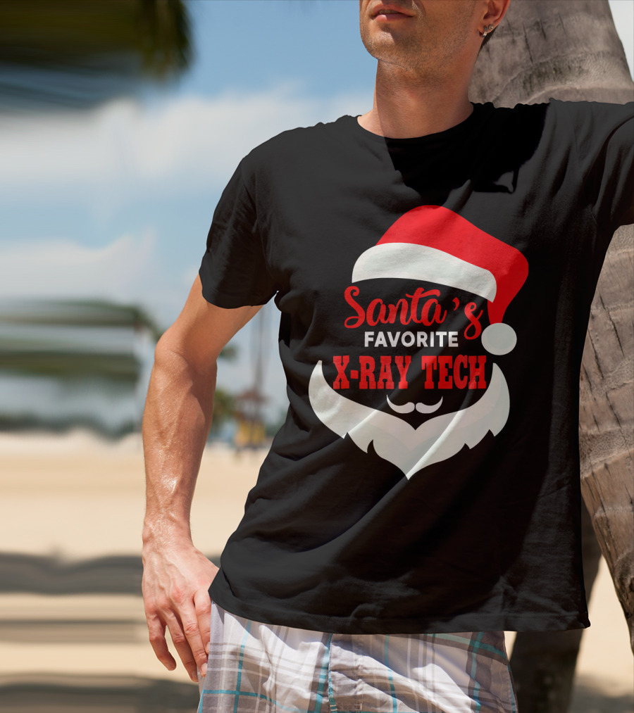 Santa's Favorite X-Ray Tech Christmas Santa Hat And Beard T-Shirt