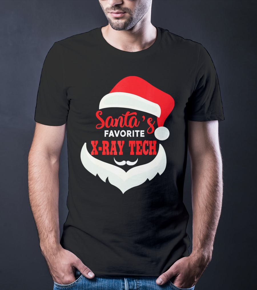 Santa's Favorite X-Ray Tech Christmas Santa Hat And Beard T-Shirt