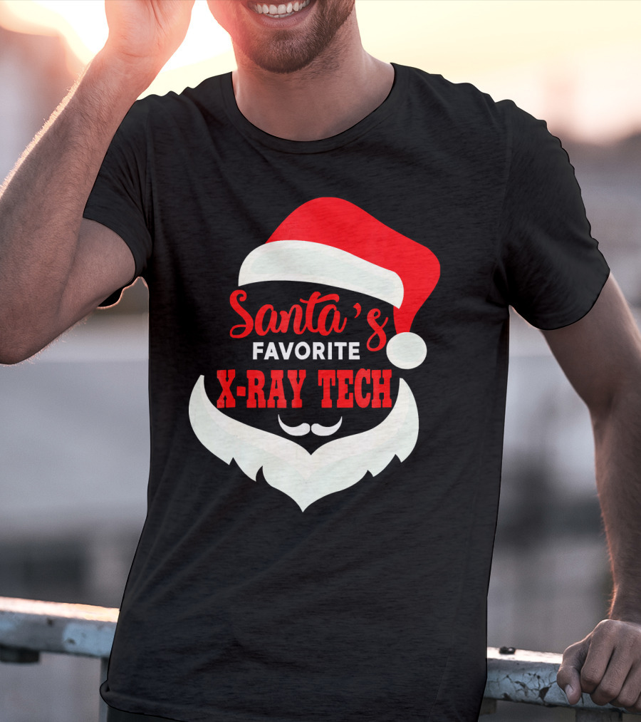 Santa's Favorite X-Ray Tech Christmas Santa Hat And Beard T-Shirt