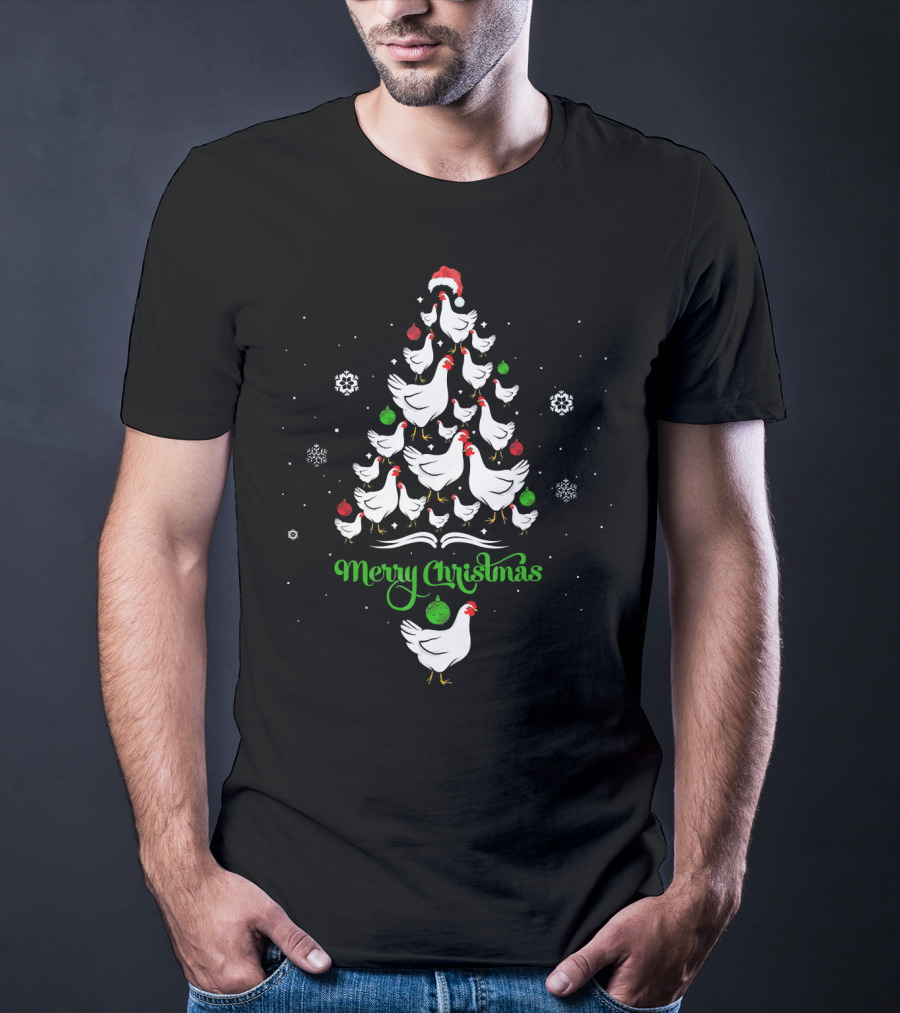 Merry Chickmas Chicken Lover Christmas Tree With Santa Hat And Ornaments T-Shirt