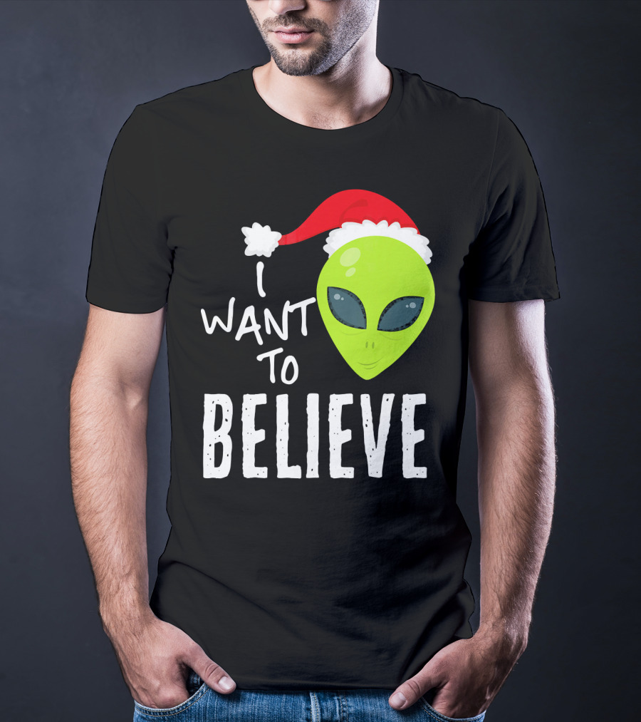 I Want To Believe Alien Santa Hat Christmas UFO T-Shirt
