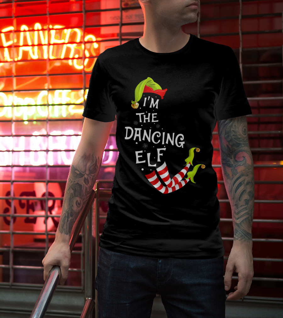 I'm The Dancing Elf Christmas Striped Stockings And Festive Hat T-Shirt