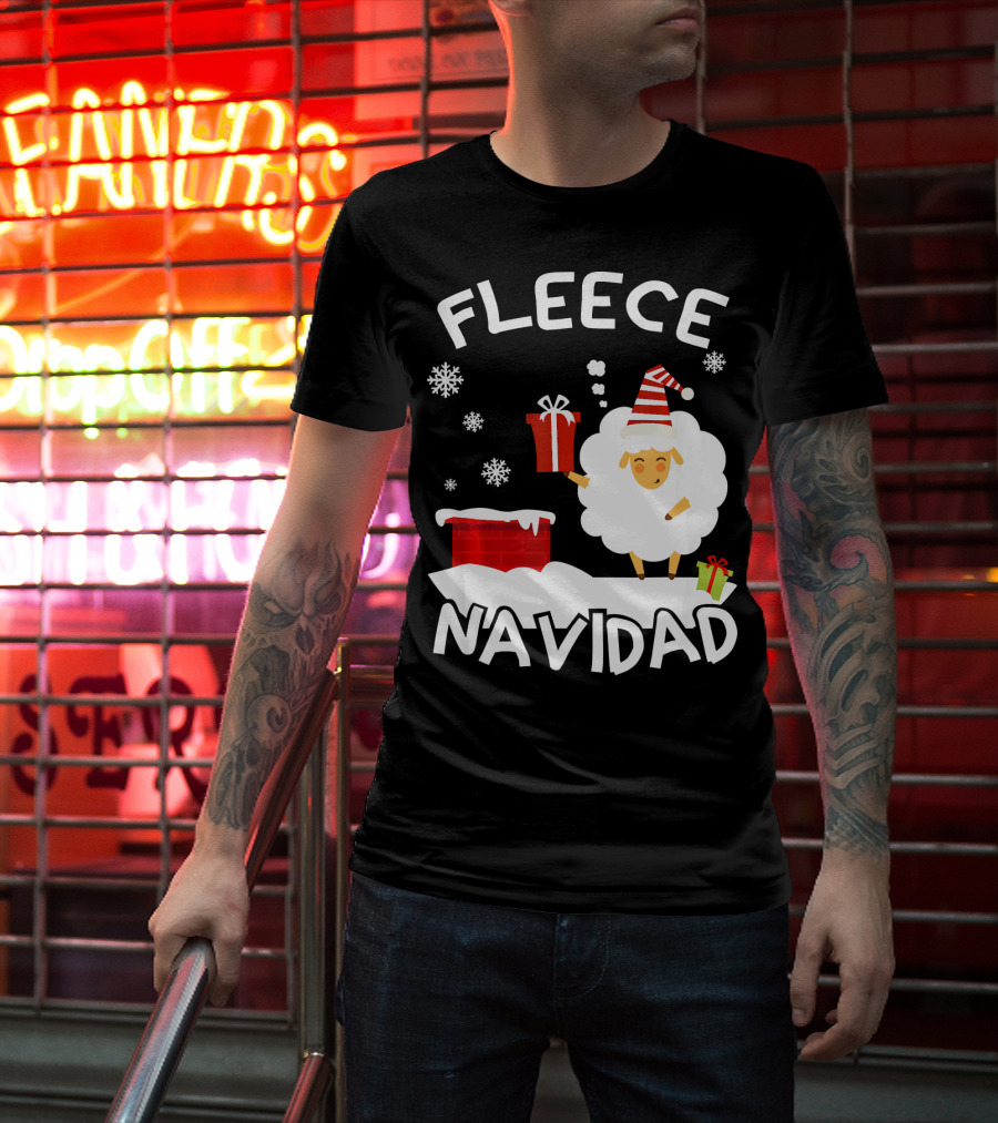 Fleece Navidad Sheep With Santa Hat And Gift Chimney Snowflakes T-Shirt