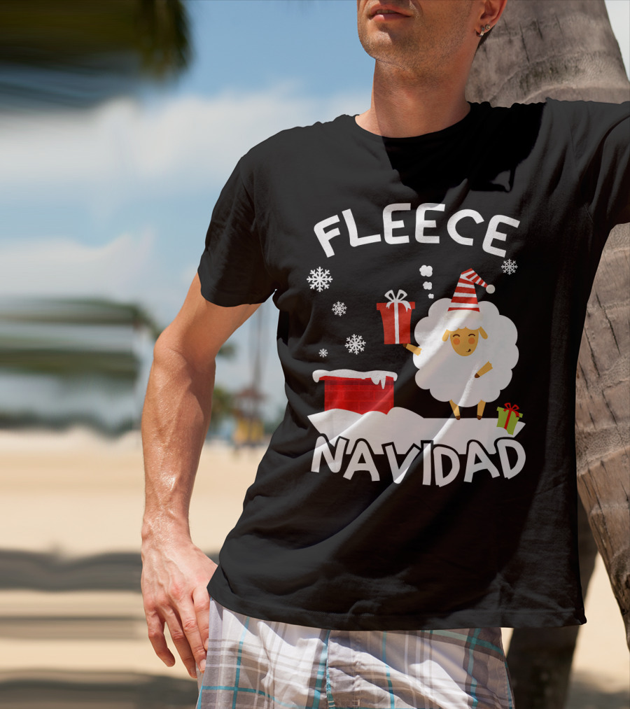 Fleece Navidad Sheep With Santa Hat And Gift Chimney Snowflakes T-Shirt