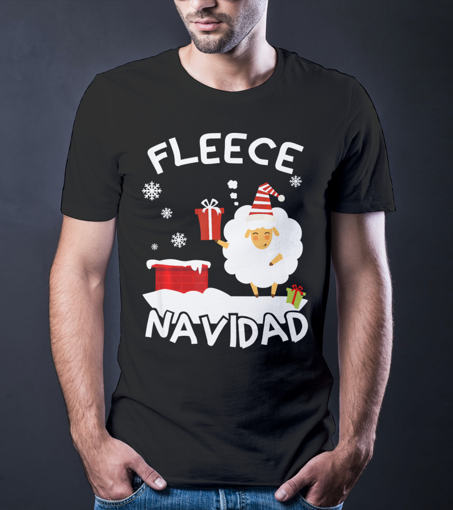 Fleece Navidad Sheep With Santa Hat And Gift Chimney Snowflakes T-Shirt